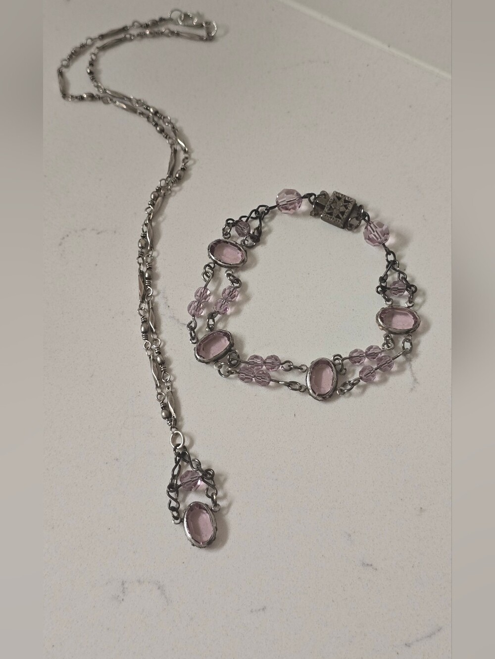 Purple Glass Beaded Bracelet & Necklace Set 2Pk